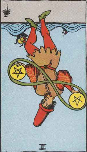 Two of Pentacles reversed tarot card